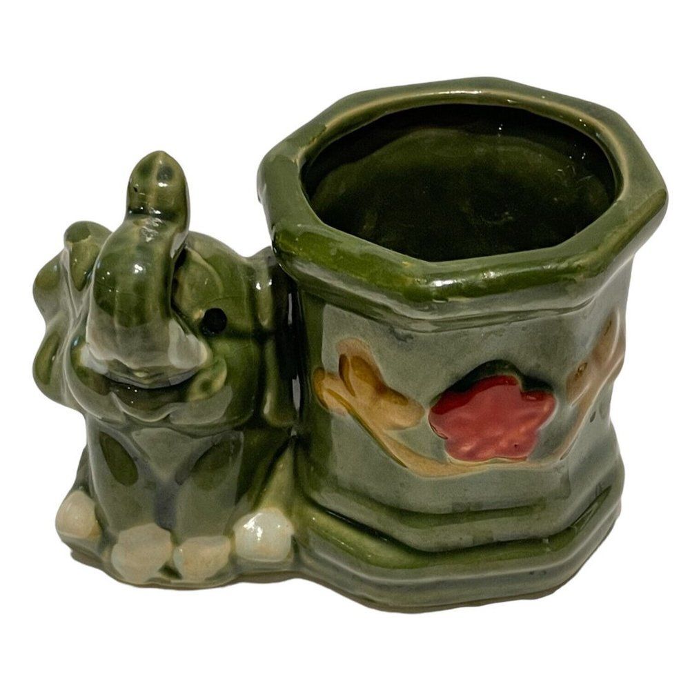 Vintage Ceramic Elephant Planter Holder Lucky Trunk Up Elephant Green Succulent